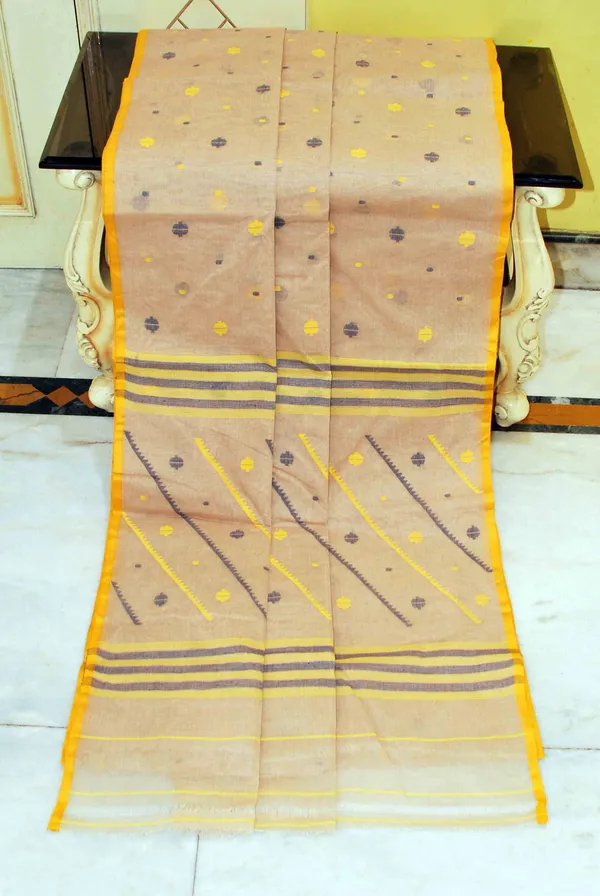 Traditional_Needle_Karat_Work_Poth_Jamdani_Saree_In_Biscotti_Bright_Yellow_And_Black
