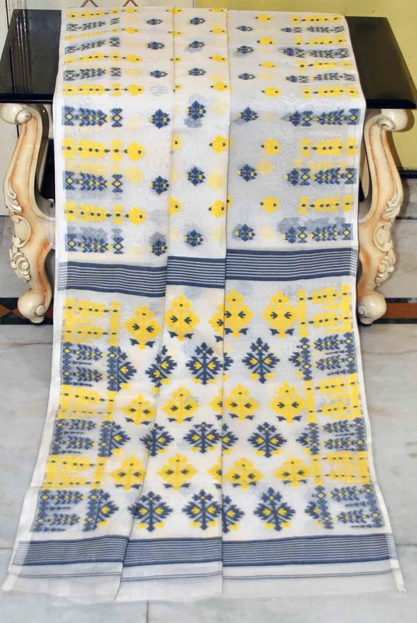 Woven_Nakshi_Work_Soft_Muslin_Jamdani_Saree_In_Off_White_Steel_Grey_And_Yellow