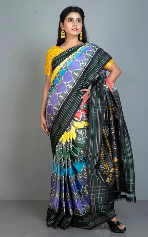 Hand_Woven_Designer_Rangkart_Ikkat_Pochampally_Silk_Saree_In_Black_Dark_Green_And_Multicolor