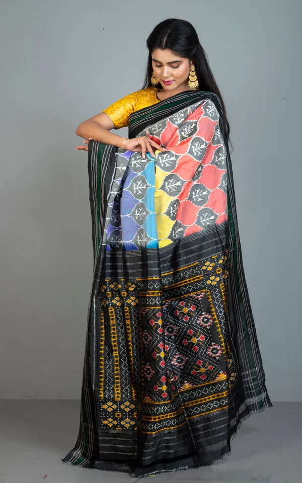 Hand_Woven_Designer_Rangkart_Ikkat_Pochampally_Silk_Saree_In_Black_Dark_Green_And_Multicolor