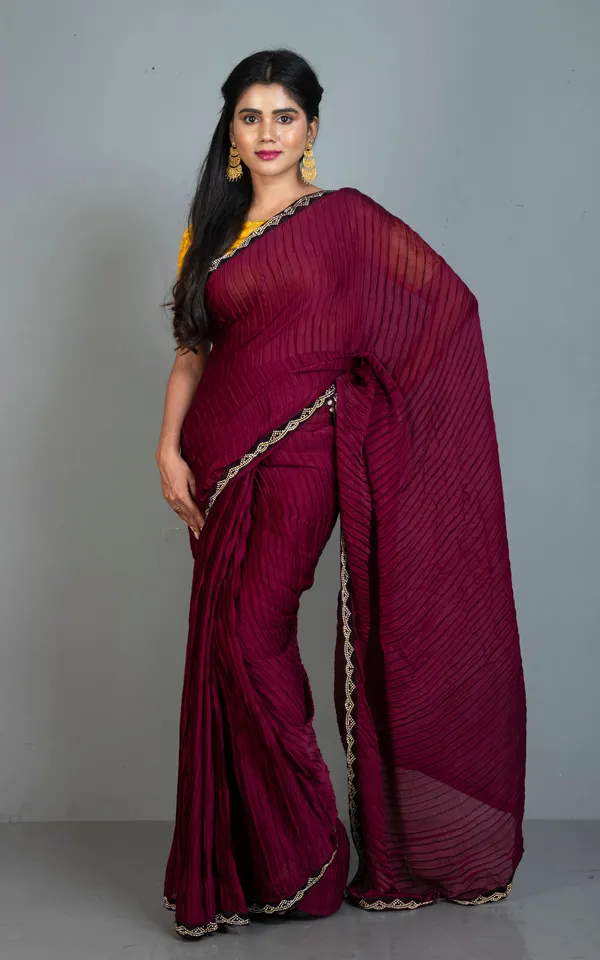 Designer_Italian_Crepe_Silk_Ruffle_Saree_In_Dark_Wine_And_Black