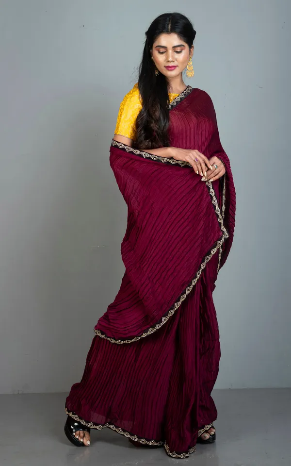 Designer_Italian_Crepe_Silk_Ruffle_Saree_In_Dark_Wine_And_Black