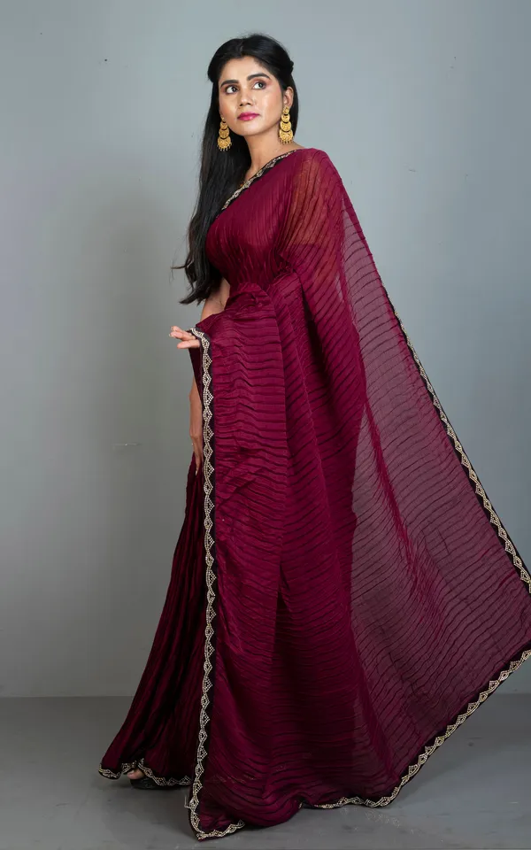 Designer_Italian_Crepe_Silk_Ruffle_Saree_In_Dark_Wine_And_Black