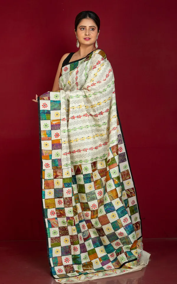 Hand_Embroidery_Tussar_Silk_Kantha_Work_Saree_In_Off_White_And_Multicolor_Thread_Work