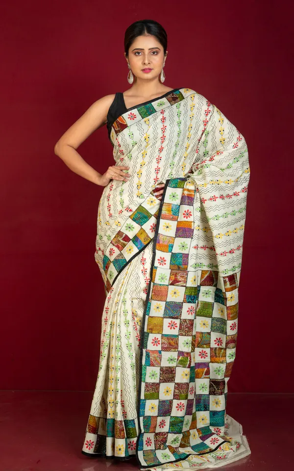 Hand_Embroidery_Tussar_Silk_Kantha_Work_Saree_In_Off_White_And_Multicolor_Thread_Work