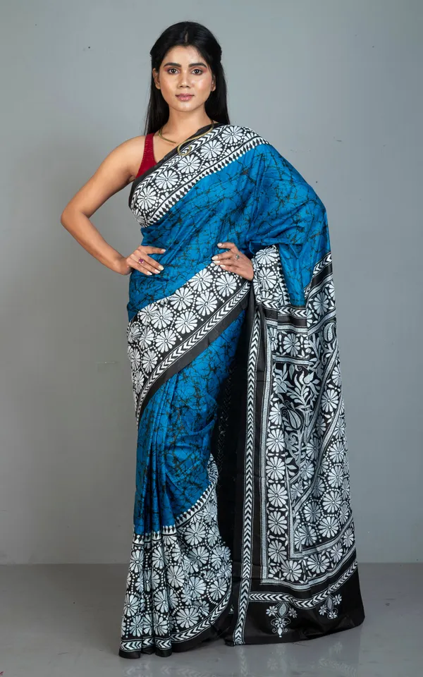 Pure_Silk_Hand_Embroidery_Hand_Batik_Kantha_Stitch_Saree_In_Sapphire_Blue_Black_And_Off_White_Thread_Work