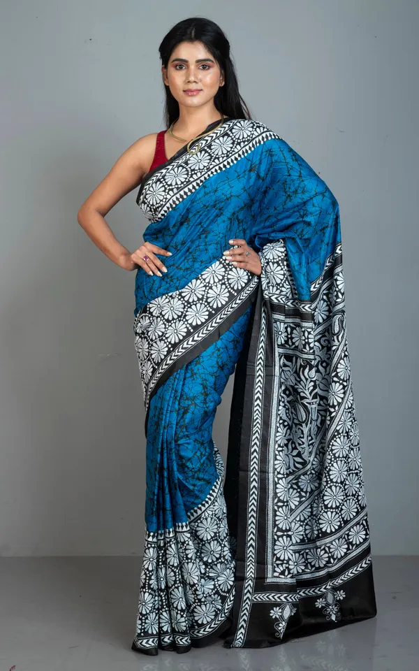 Pure_Silk_Hand_Embroidery_Hand_Batik_Kantha_Stitch_Saree_In_Sapphire_Blue_Black_And_Off_White_Thread_Work