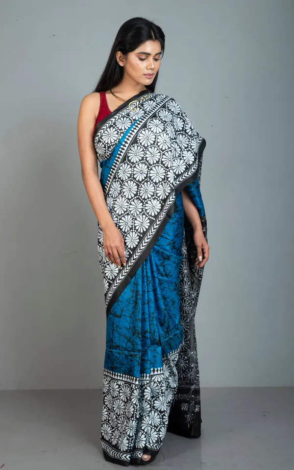 Pure_Silk_Hand_Embroidery_Hand_Batik_Kantha_Stitch_Saree_In_Sapphire_Blue_Black_And_Off_White_Thread_Work