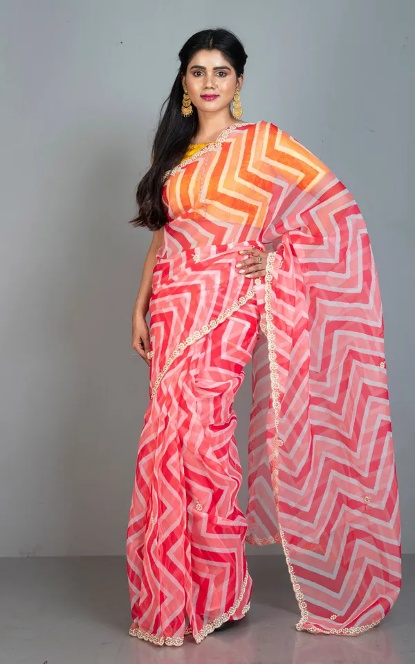 Kora_Organza_Zardozi_Border_Work_Saree_In_Coral_Red_Salmon_And_Off_White