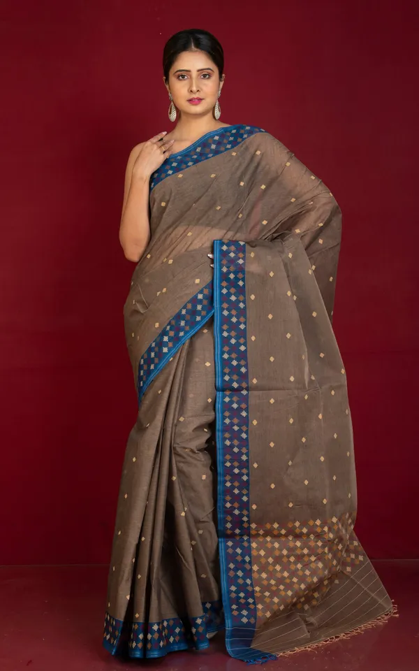 Premium_Quality_Double_Warp_Cotton_Jamdani_Saree_In_Dual_Tone_Warm_Grey_Blue_And_Multicolor