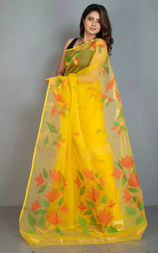 Naal_Phool_Woven_Nakshi_Work_Muslin_Silk_Jamdani_Saree_In_Bright_Yellow_Red_Green_And_Gold_Zari_Work