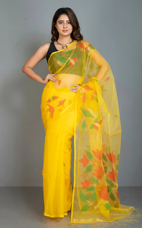 Naal_Phool_Woven_Nakshi_Work_Muslin_Silk_Jamdani_Saree_In_Bright_Yellow_Red_Green_And_Gold_Zari_Work