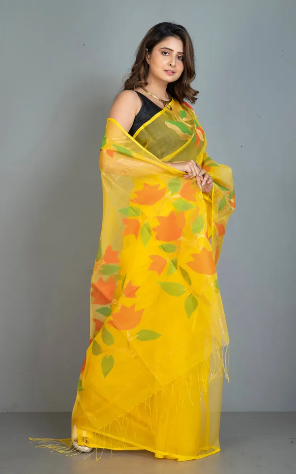 Naal_Phool_Woven_Nakshi_Work_Muslin_Silk_Jamdani_Saree_In_Bright_Yellow_Red_Green_And_Gold_Zari_Work