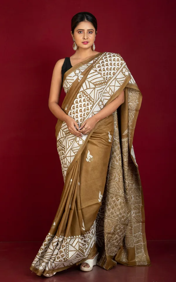 Premium_Quality_Hand_Embroidery_Kantha_Work_On_Pure_Gachi_Tussar_Saree_In_Coffee_Brown_And_Off_White