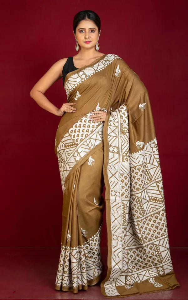 Premium_Quality_Hand_Embroidery_Kantha_Work_On_Pure_Gachi_Tussar_Saree_In_Coffee_Brown_And_Off_White