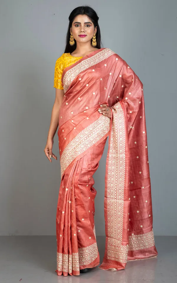Designer_Nakshi_Embroidery_With_Mukesh_Work_Tussar_Silk_Saree_In_Red_Sandalwood_And_Off_White