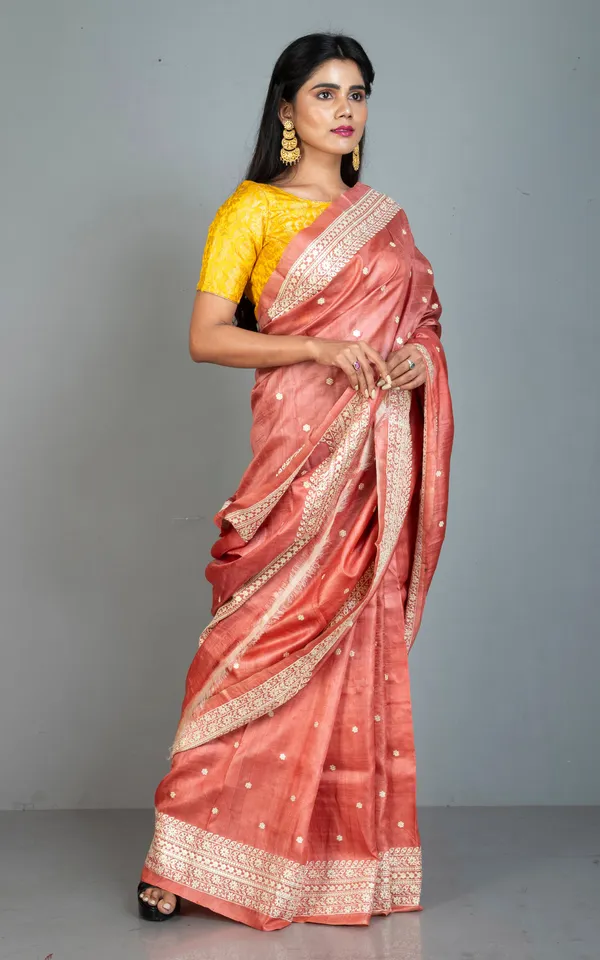 Designer_Nakshi_Embroidery_With_Mukesh_Work_Tussar_Silk_Saree_In_Red_Sandalwood_And_Off_White