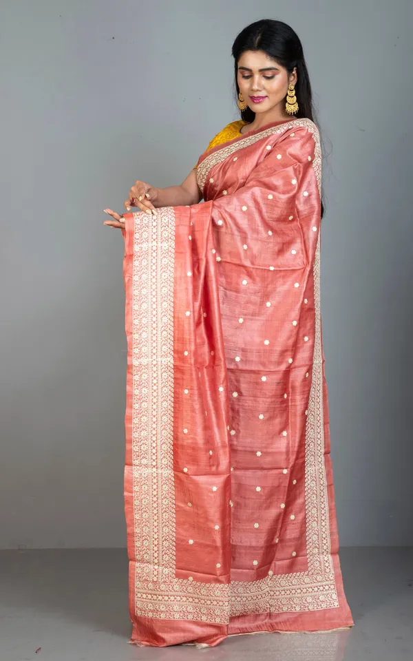 Designer_Nakshi_Embroidery_With_Mukesh_Work_Tussar_Silk_Saree_In_Red_Sandalwood_And_Off_White