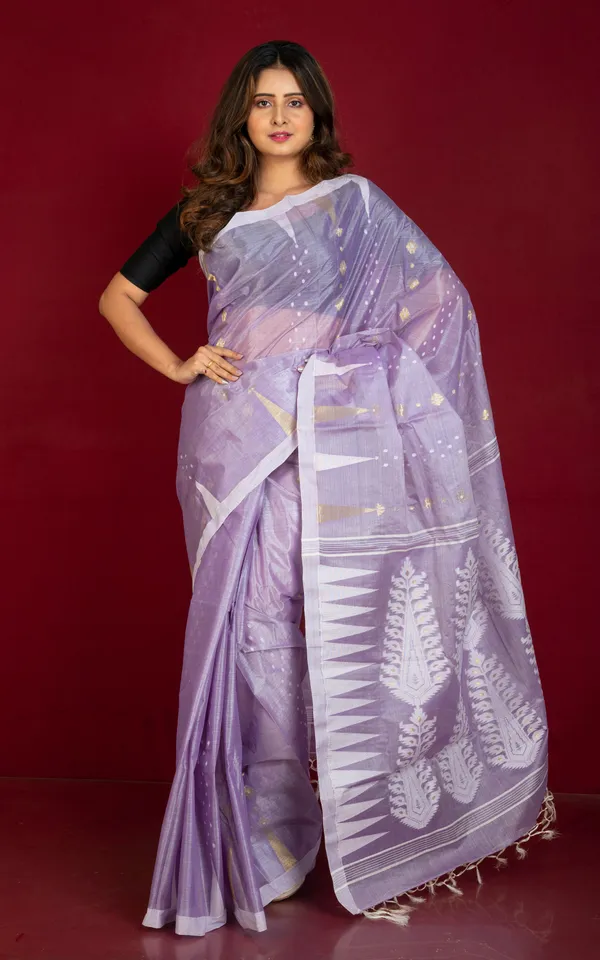 Handloom_Tussar_Silk_Jamdani_Saree_In_Lavender_Off_White_And_Gold