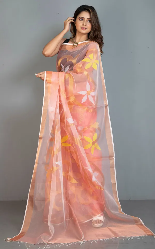 Traditional_Soft_Muslin_Jamdani_Saree_In_Peach_Yellow_Off_White_And_Gold