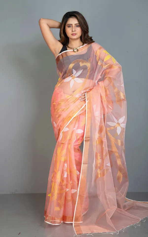 Traditional_Soft_Muslin_Jamdani_Saree_In_Peach_Yellow_Off_White_And_Gold