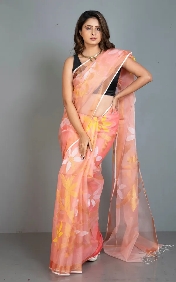 Traditional_Soft_Muslin_Jamdani_Saree_In_Peach_Yellow_Off_White_And_Gold