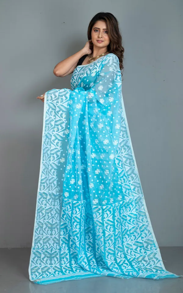 Solapuri_Work_Jamdani_Saree_In_Sky_Blue_White_And_Golden