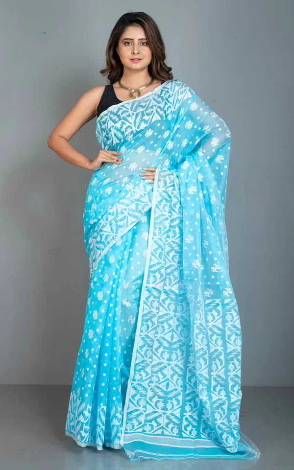 Solapuri_Work_Jamdani_Saree_In_Sky_Blue_White_And_Golden