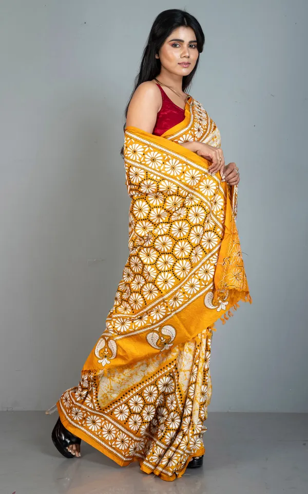 Pure_Silk_Hand_Embroidery_Hand_Batik_Kantha_Stitch_Saree_In_Beige_Golden_Yellow_Black_And_Off_White_Thread_Work