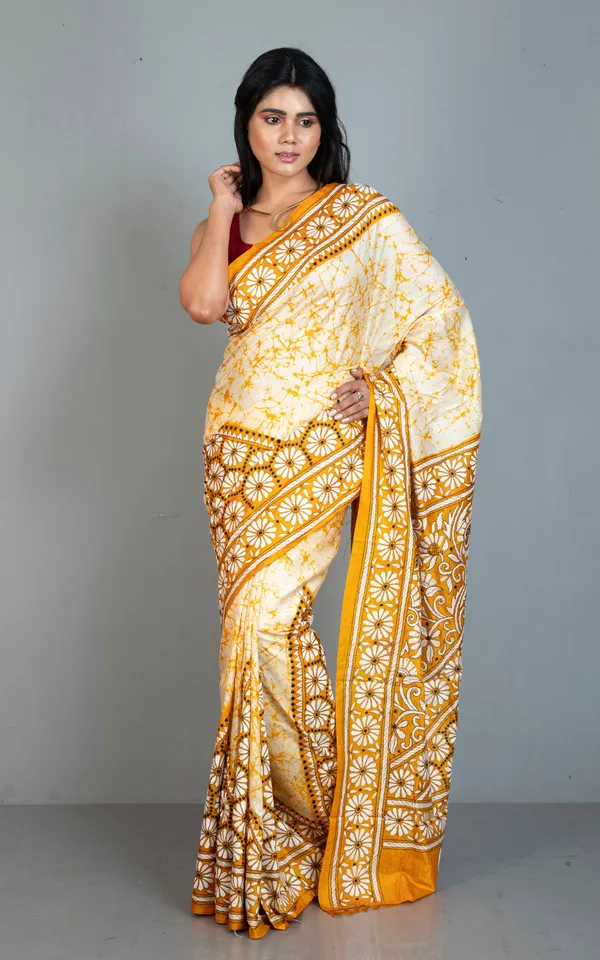 Pure_Silk_Hand_Embroidery_Hand_Batik_Kantha_Stitch_Saree_In_Beige_Golden_Yellow_Black_And_Off_White_Thread_Work