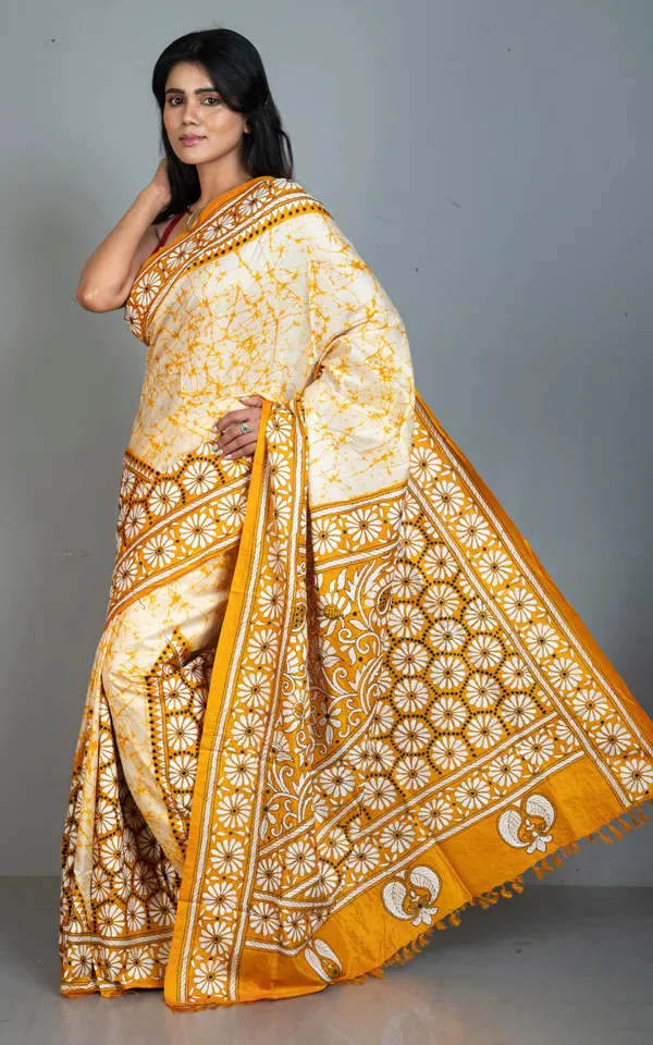 Pure_Silk_Hand_Embroidery_Hand_Batik_Kantha_Stitch_Saree_In_Beige_Golden_Yellow_Black_And_Off_White_Thread_Work