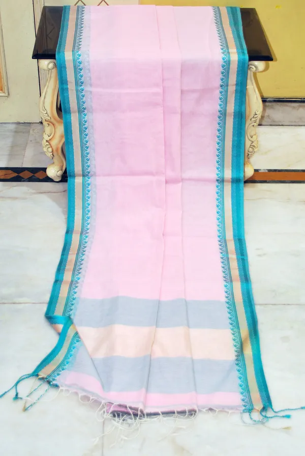 Medium_Nakshi_Border_Pure_Soft_Cotton_Saree_In_Baby_Pink_Sea_Green_And_Beige