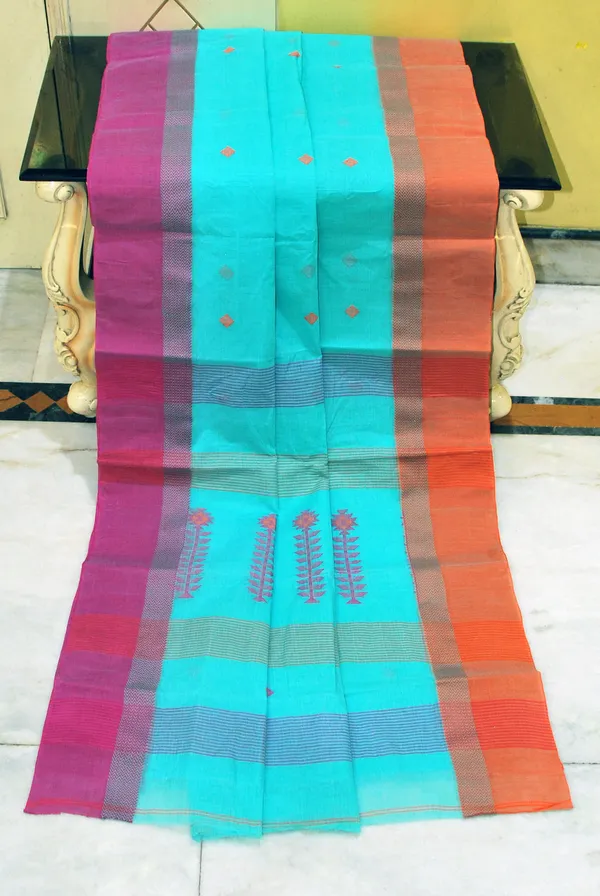 Woven_Matta_Nakshi_Ganga_Jamuna_Border_Premium_Quality_Bengal_Handloom_Cotton_Saree_In_Celeste_Blue_Magenta_And_Orange