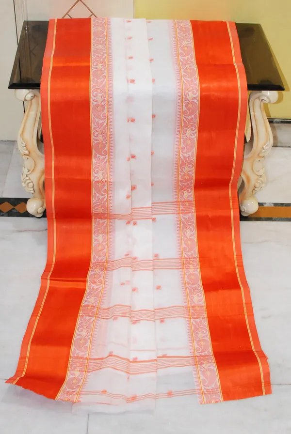 Velvet_Border_Bengal_Handloom_Hazar_Butti_Cotton_Saree_In_White_Beige_And_Orange