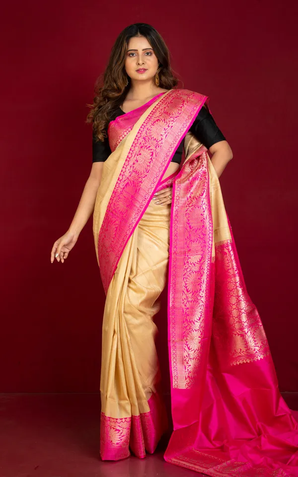 Premium_Quality_Tussar_Banarasi_Silk_Saree_In_Beige_And_Hot_Pink