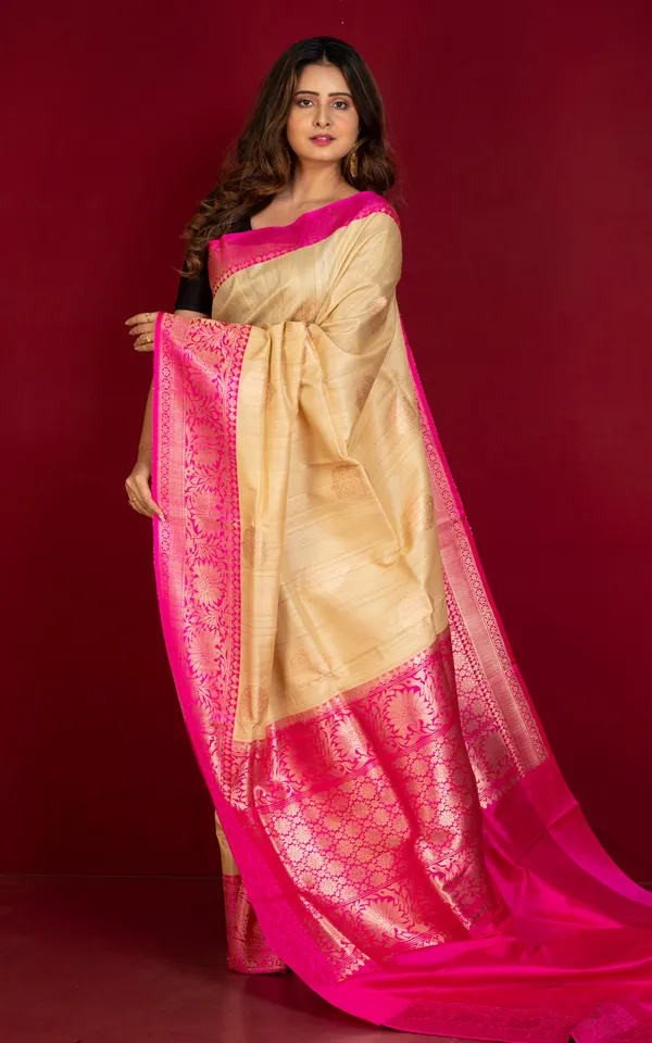 Premium_Quality_Tussar_Banarasi_Silk_Saree_In_Beige_And_Hot_Pink