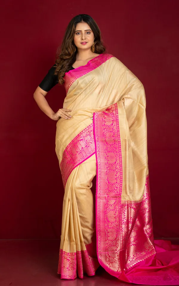 Premium_Quality_Tussar_Banarasi_Silk_Saree_In_Beige_And_Hot_Pink