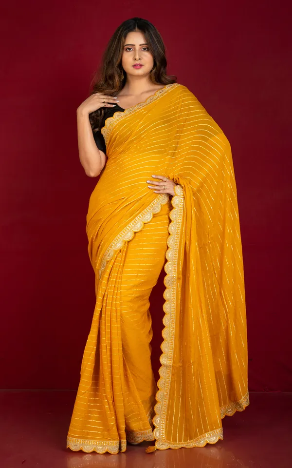 Khaddi_Georgette_Designer_Saree_In_Honey_Yellow_And_Antique_Gold