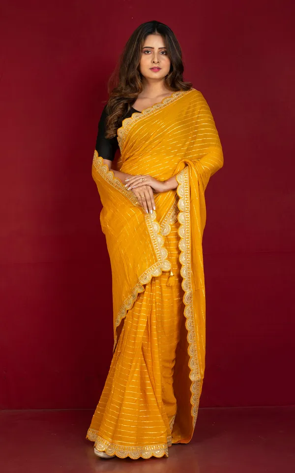 Khaddi_Georgette_Designer_Saree_In_Honey_Yellow_And_Antique_Gold