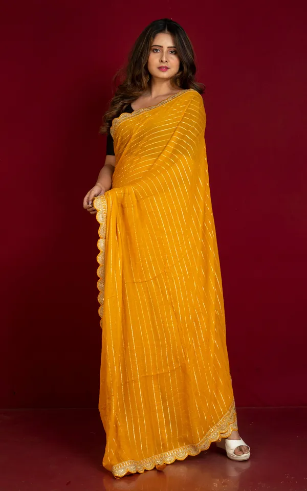 Khaddi_Georgette_Designer_Saree_In_Honey_Yellow_And_Antique_Gold