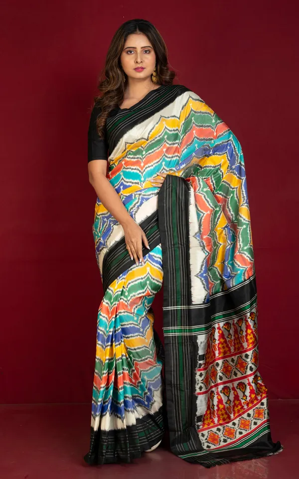 Hand_Woven_Designer_Rangkart_Ikkat_Pochampally_Silk_Saree_In_Off_White_Black_Dark_Green_And_Multicolor