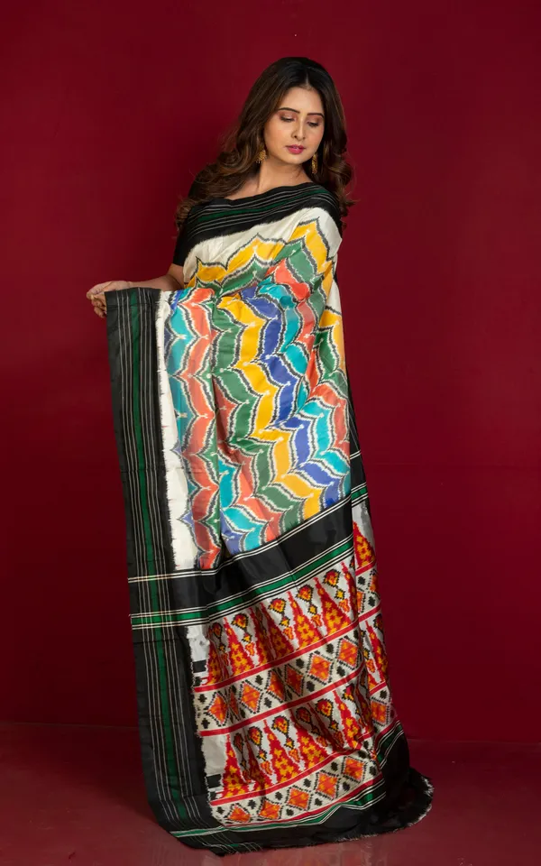 Hand_Woven_Designer_Rangkart_Ikkat_Pochampally_Silk_Saree_In_Off_White_Black_Dark_Green_And_Multicolor