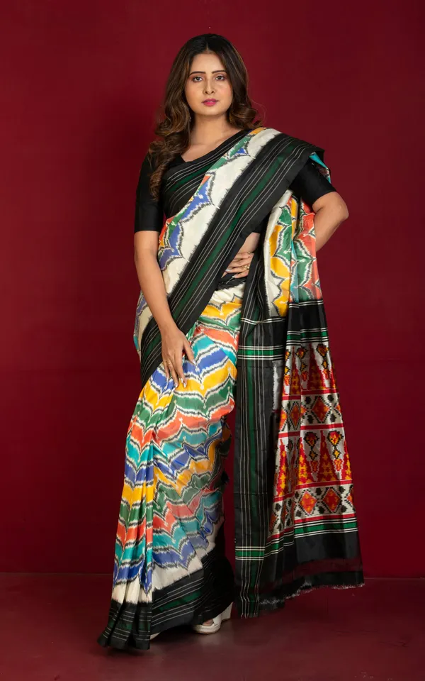 Hand_Woven_Designer_Rangkart_Ikkat_Pochampally_Silk_Saree_In_Off_White_Black_Dark_Green_And_Multicolor