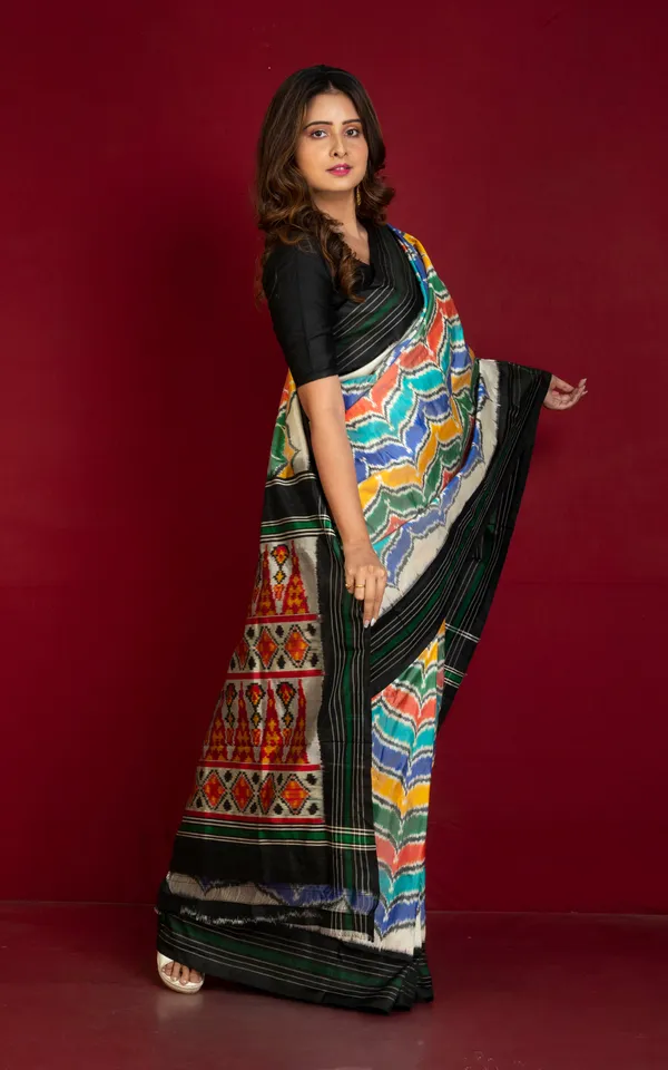 Hand_Woven_Designer_Rangkart_Ikkat_Pochampally_Silk_Saree_In_Off_White_Black_Dark_Green_And_Multicolor