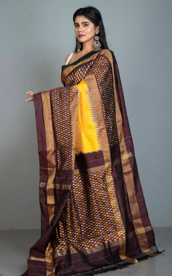 Designer_Skirt_Border_Ikkat_Pochampally_Silk_Saree_In_Yellow_Mahogany_Brown_And_Silver_White