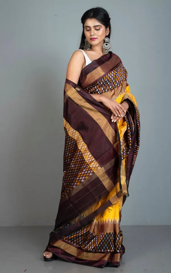 Designer_Skirt_Border_Ikkat_Pochampally_Silk_Saree_In_Yellow_Mahogany_Brown_And_Silver_White