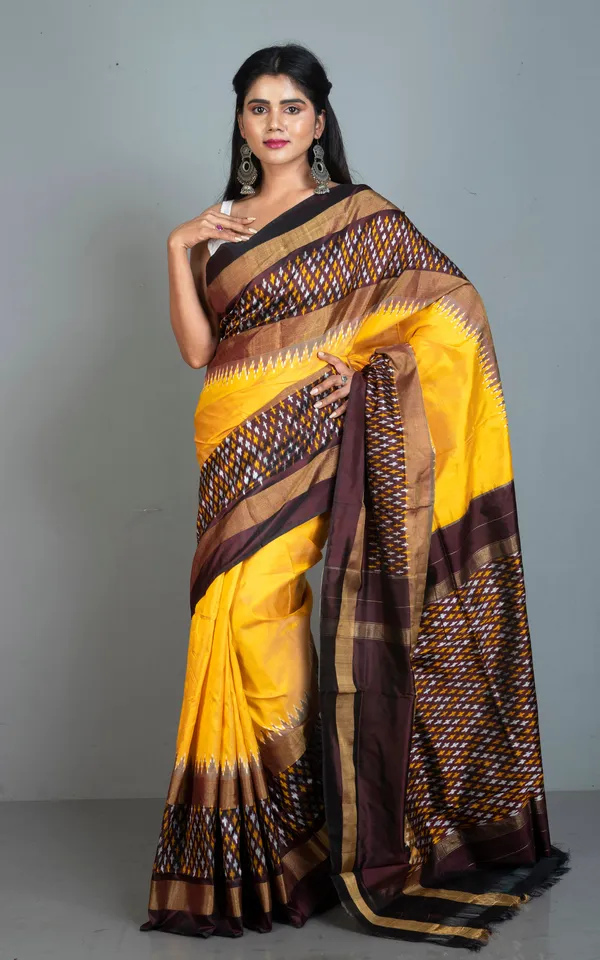 Designer_Skirt_Border_Ikkat_Pochampally_Silk_Saree_In_Yellow_Mahogany_Brown_And_Silver_White