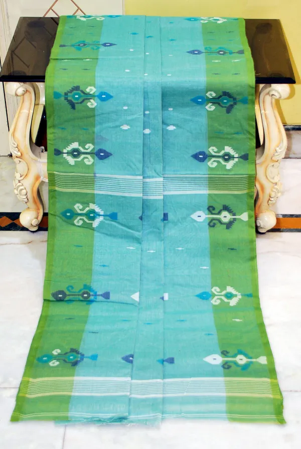 Hand_Work_Cotton_Dhakai_Jamdani_Saree_In_Mint_Blue_Diffuse_Green_And_Multicolor
