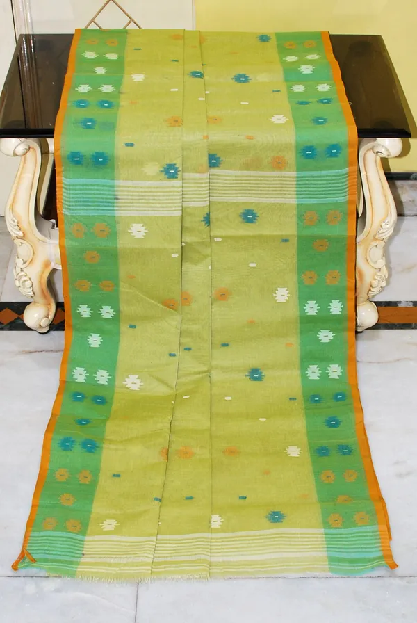Hand_Work_Cotton_Dhakai_Jamdani_Saree_In_Lime_Green_Green_Mustard_Brown_And_Multicolor