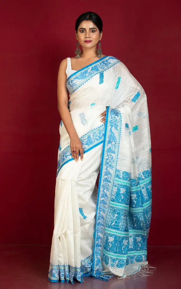 Premium_Quality_Double_Warp_Matka_Tussar_Baluchari_Silk_Saree_In_Off_White_Blue_And_Green